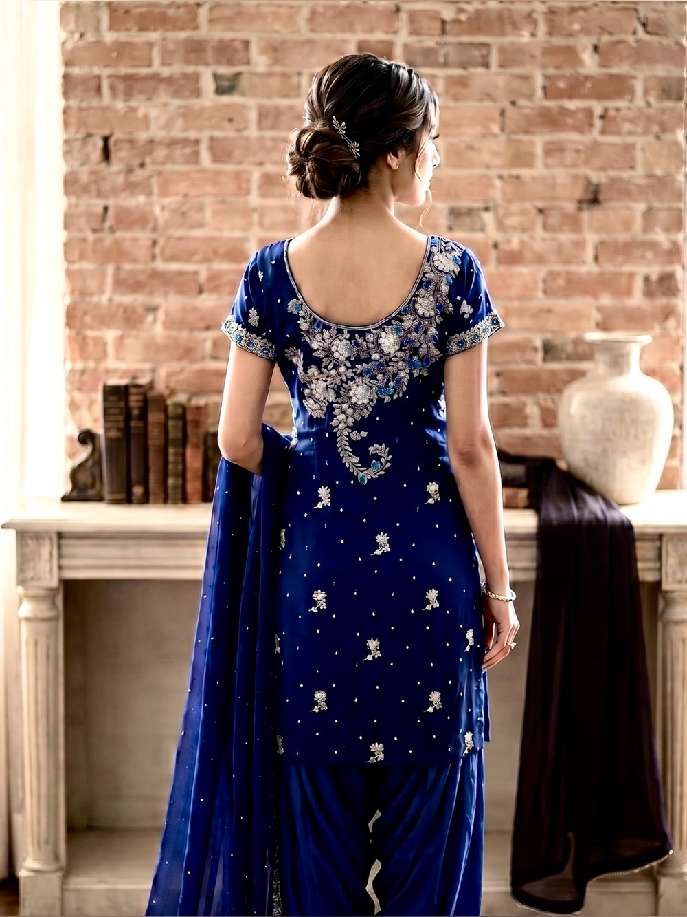 Navy Crepe Salwar Kameez - Heavy Work - Picture 3 of 10